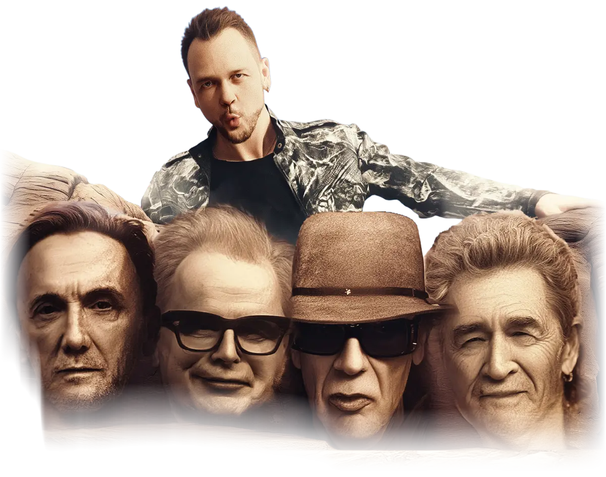 Die vier Idole als Felsdenkmal, darüber Mazze Wiesner: Motiv der Deutschrock-Tributeshow